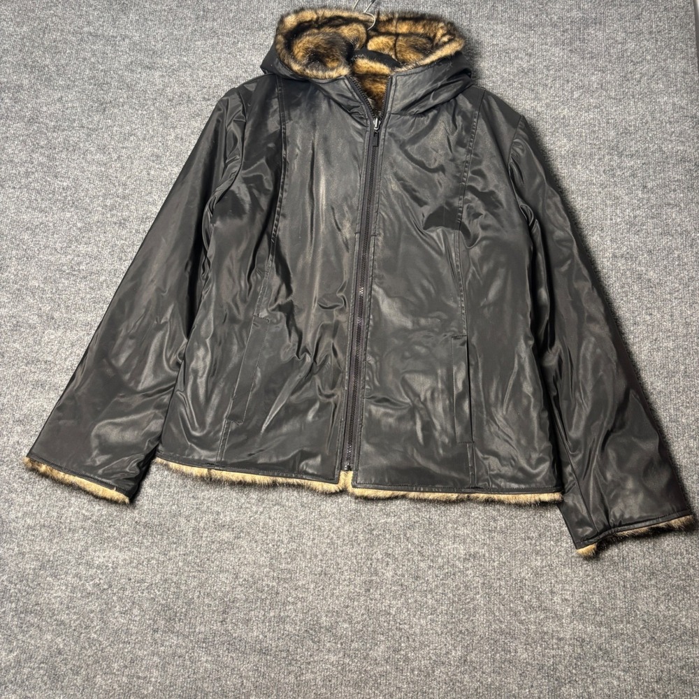 Braetan Reversible Hooded Jacket Womens L Black Faux Fur Vinyl Coat